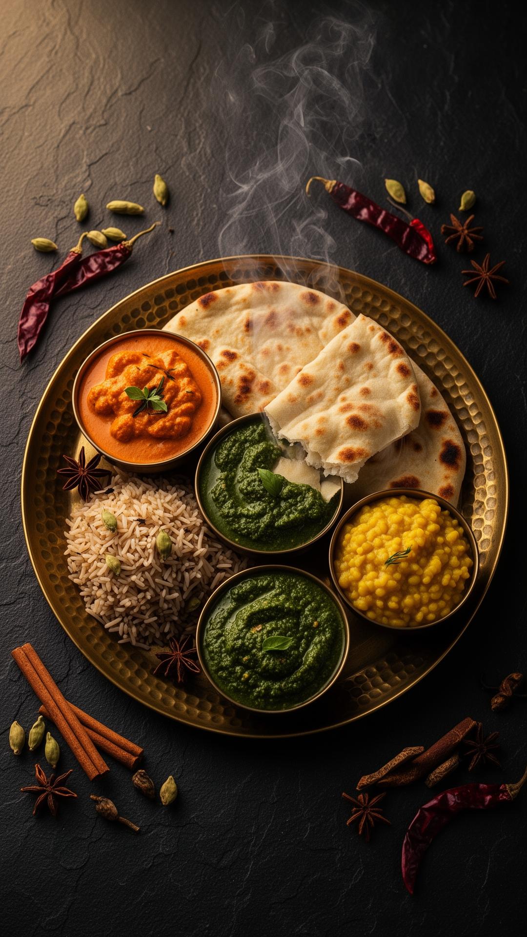 A brass thali of butter chicken, saag, dal and naan with whole spices