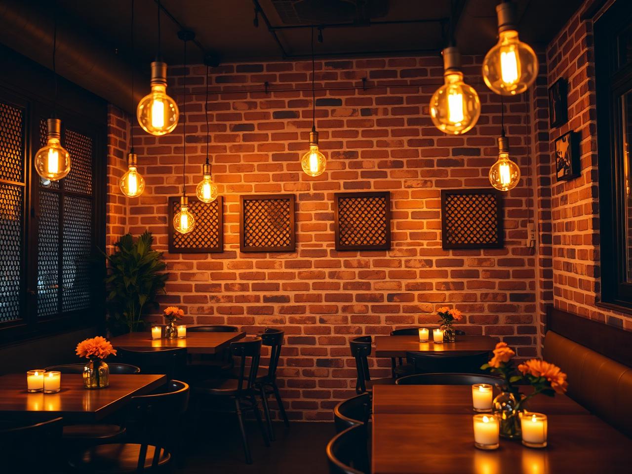 Warm intimate restaurant interior with Edison bulbs and brick walls