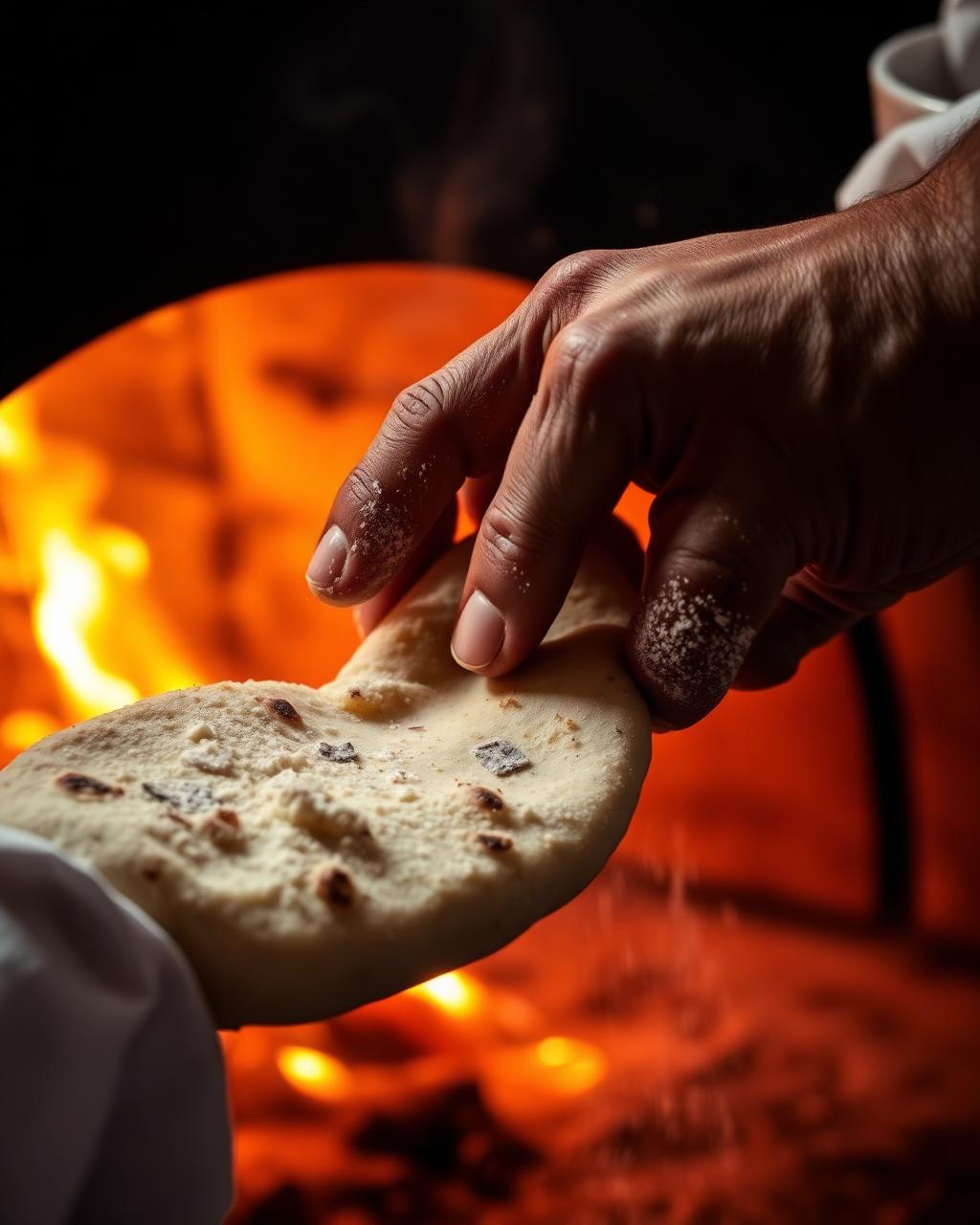 Chef's hands pulling fresh naan from a glowing tandoor